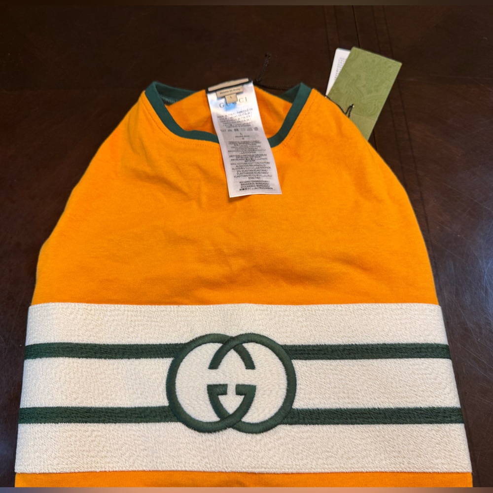 New Authentic Gucci GG Logo Dog Shirt Clothes Gold Green Size L - Picture 3 of 11